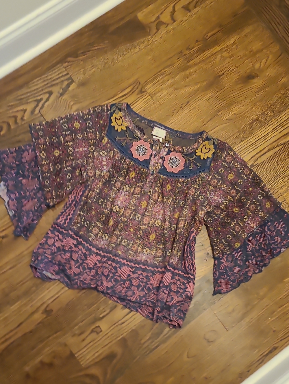 Anthropologie Floral Embroidered Boho Blouse in Purple and Pink